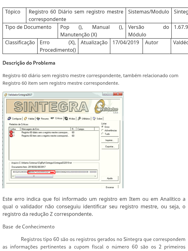 Registro 60 Diário sem registro mestre correspondente