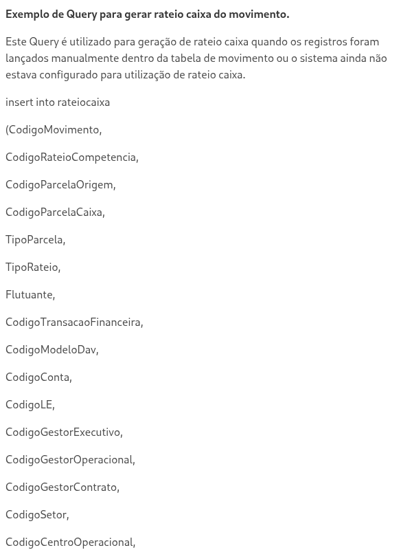 Query para gerar registro em rateio caixa