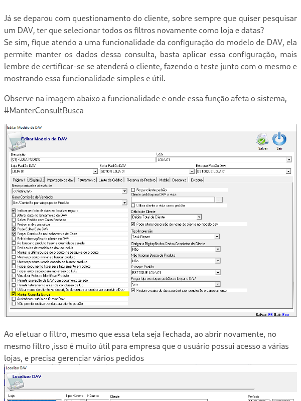 FUNCIONALIDADE DAV DE VENDA OU OS PARA MANTER FILTROS DA CONSULTA