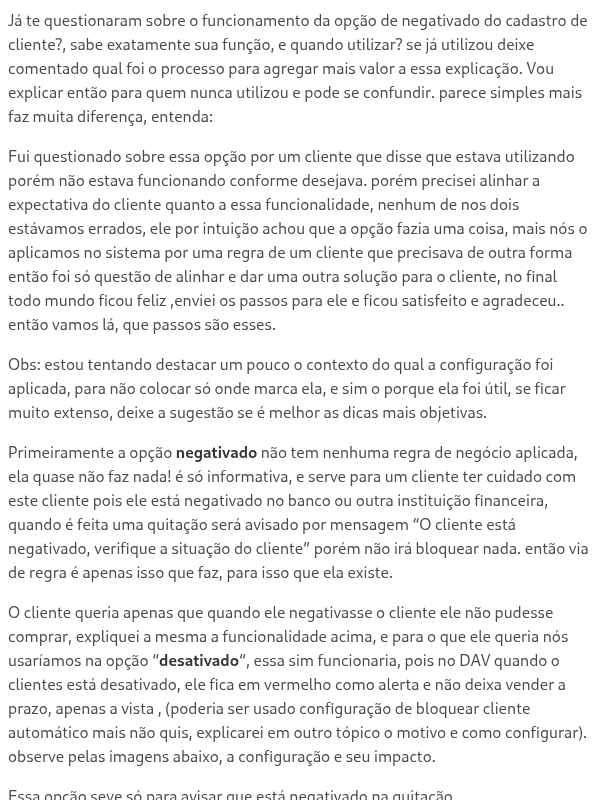 DICA CADASTRO CLIENTE OPÇÃO DE NEGATIVADO E DESATIVADO