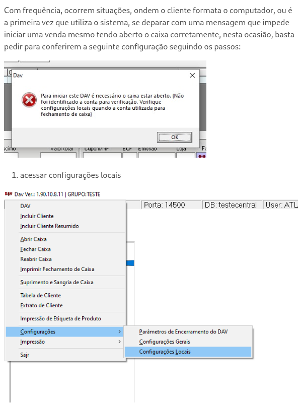 Fechamento de caixa local com configuração padrão
