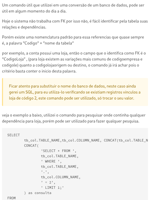 Dica comando sql para pesquisar dependência de colunas entre tabelas
