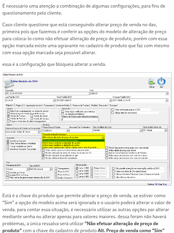 Atenção na opção de não efetuar alteração de preço de produto com chave do produto para alterar preço de venda