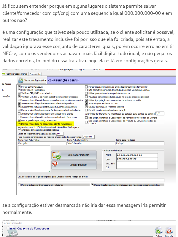 Funcionalidade de integridade de cliente e fornecedor