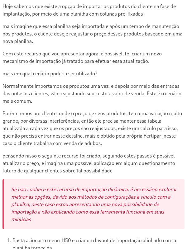 Possibilidade de atualizar preços de produtos importando uma planilha