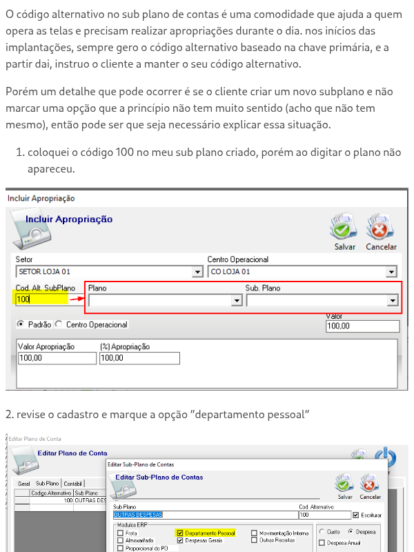 Configuração de Codigo Alternativo para Sub plano de contas