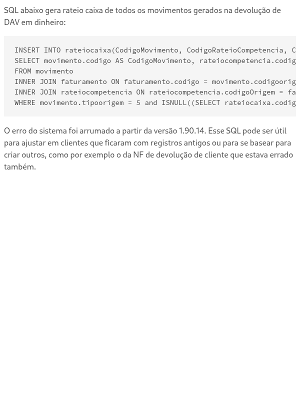SQL Gerar rateio caixa de movimentos de devolução de DAV em dinheiro