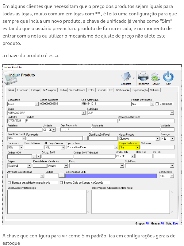 Preço Produto Unificado Como padrão