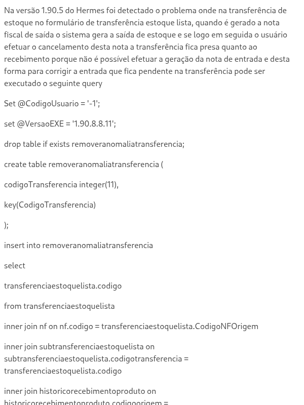 Problema de cancelamento de nota de saída em transferência