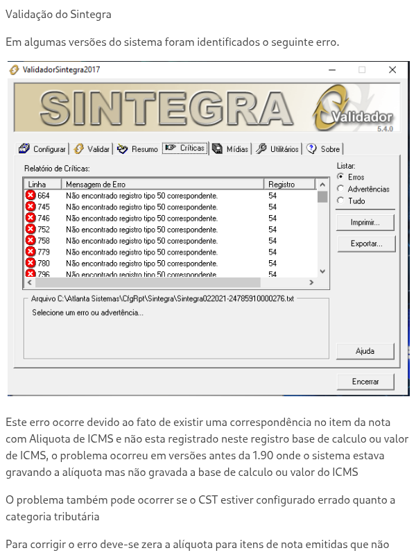 Erro de validação do Sintegra - Registro tipo 50 não encontrato