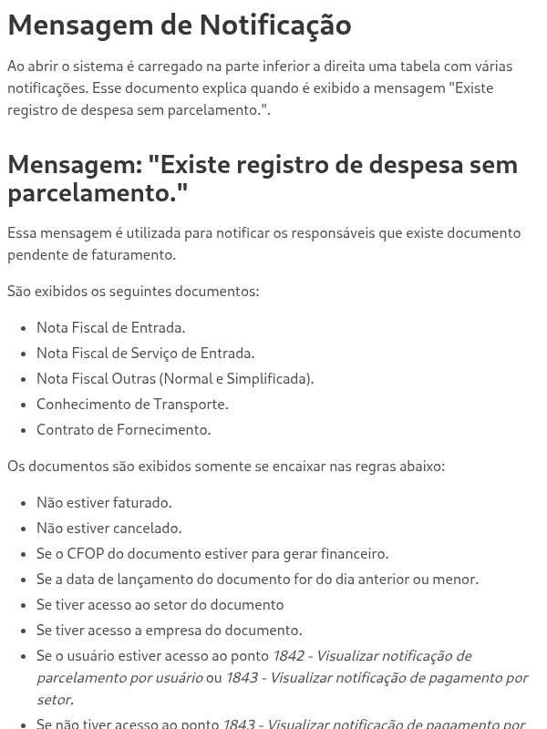 Notificação Sistema "Existe registro de despesa sem parcelamento."