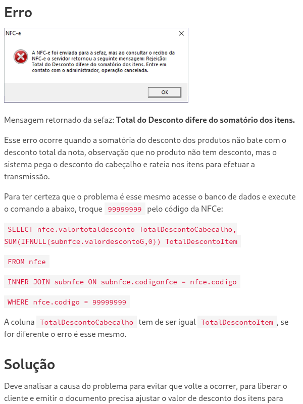 Erro transmissão NFCE "Total do Desconto difere do somatório dos itens"