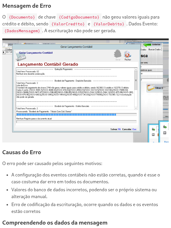 Compreendendo mensagem de erro ao gerar lançamento contábil, não gerou valores iguais para crédito e débito