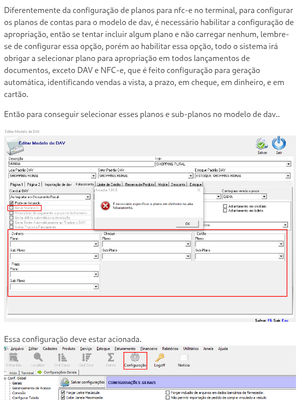 Motivo de não aparecer planos de contas no dav