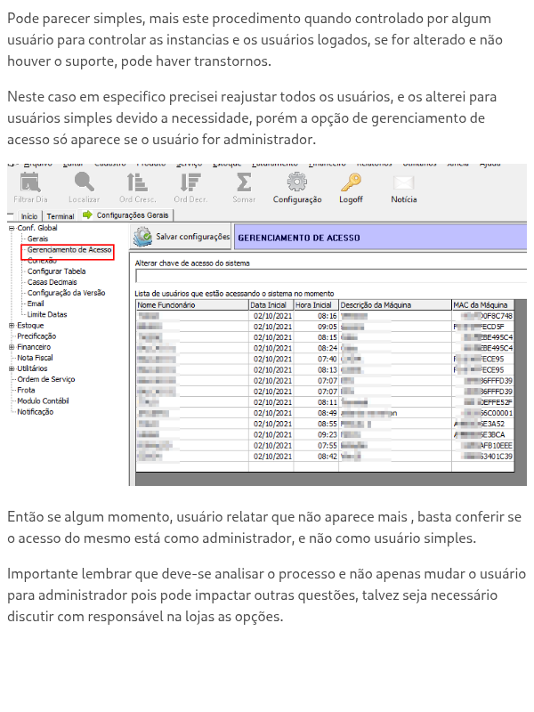 Motivo de não aparecer gerenciamento de acesso para usuários.