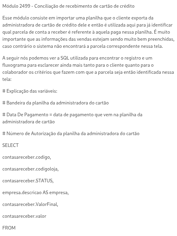 Módulo 2499 - Conciliação de recebimento de cartão de crédito