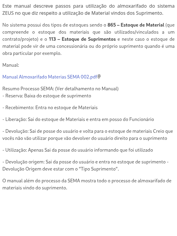 Manual Almoxarifado de materiais do ZEUS vindos do estoque de suprimento