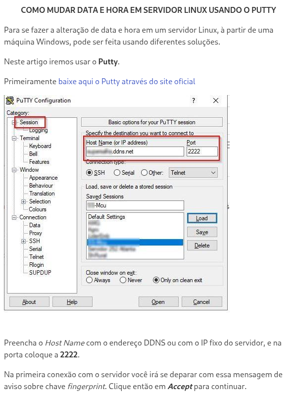 COMO MUDAR DATA E HORA EM SERVIDOR LINUX USANDO O PUTTY
