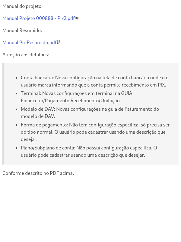 Implantação de recebimento em PIX