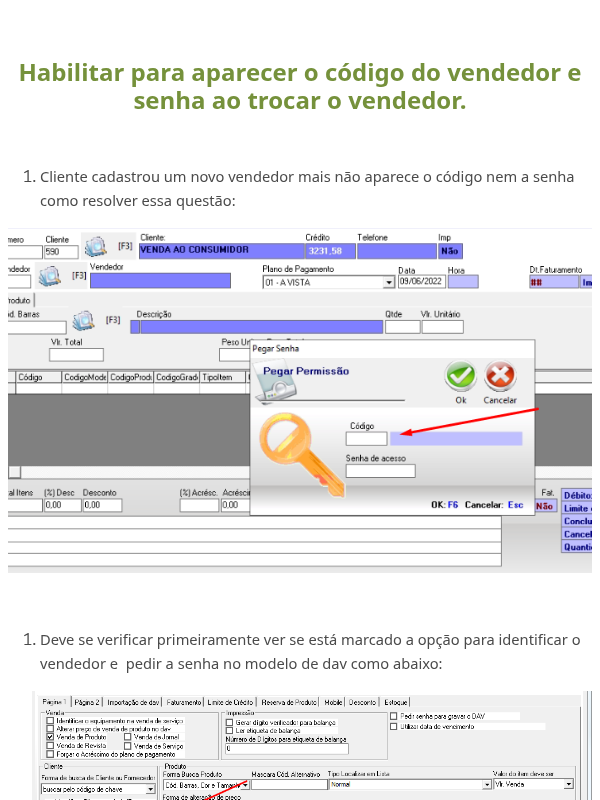 Habilitar para aparecer o código do vendedor e senha ao trocar o vendedor