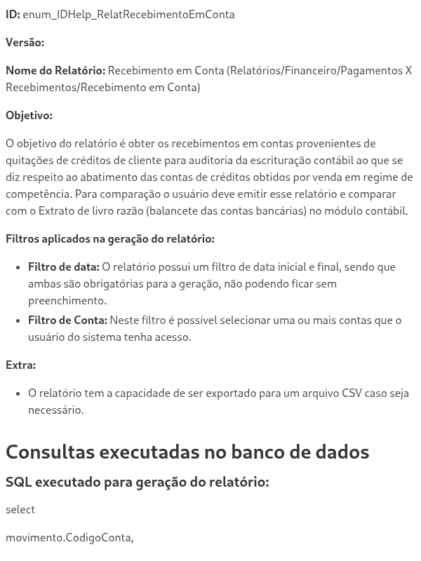 Relatório de Recebimento em Conta