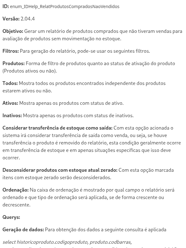 Produtos comprados e não vendidos