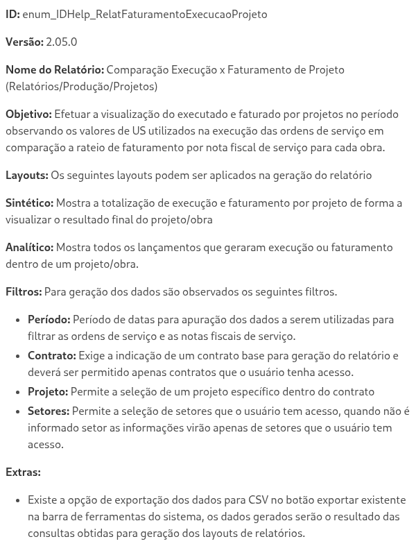 Relatório comparativo execução x faturamento de obra