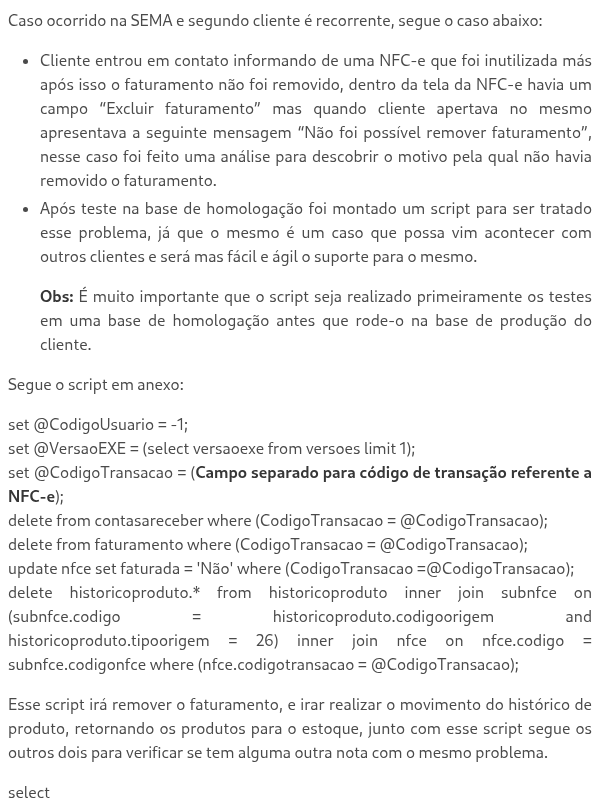 Script SQL PRÉ-MONTADO (NFC-e inutilizada)