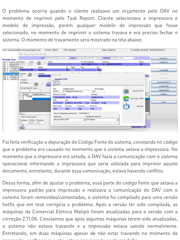 Travamento na hora de Imprimir pelo Task Report na Comercial Elétrica Matipó Filial